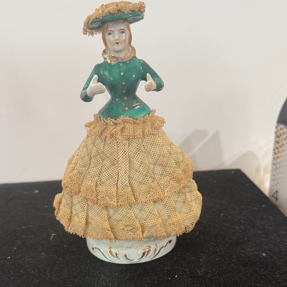 Elegant Vintage Royal Japan hand, painted dancing Lady Figurine in Green and Tan